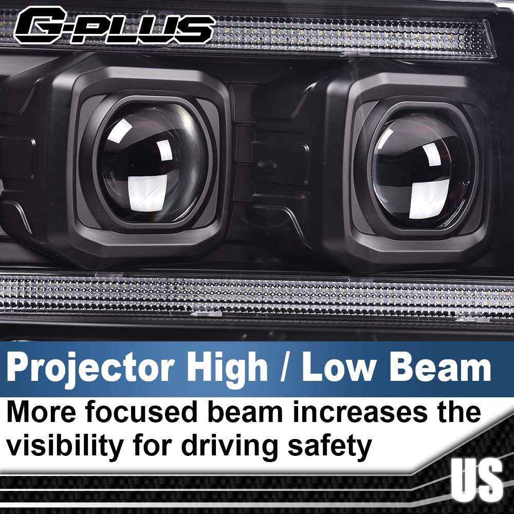 G-PLUS LED Tube Dual Projector Headlights, Compatible with 2007-2014 Chevy Tahoe/Suburban Bumper Headlamps Assembly, Clear Lens Black Housing Amber Reflector,faros delanteros