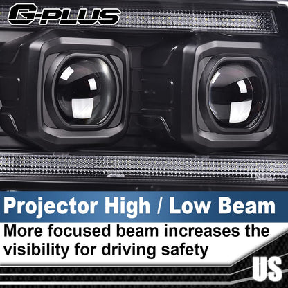 G-PLUS LED Tube Dual Projector Headlights, Compatible with 2007-2014 Chevy Tahoe/Suburban Bumper Headlamps Assembly, Clear Lens Black Housing Amber Reflector,faros delanteros