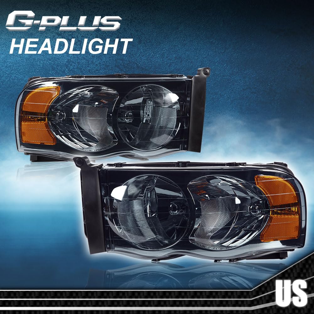 G-PLUS Headlights Assembly Compatible with Dodge Ram 1500 2500 3500 2002-2005 Bumper Headlamp, Smoky Lens Chrome Housing Amber Reflector