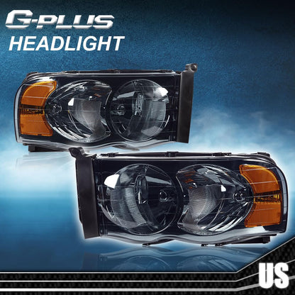 G-PLUS Headlights Assembly Compatible with Dodge Ram 1500 2500 3500 2002-2005 Bumper Headlamp, Smoky Lens Chrome Housing Amber Reflector