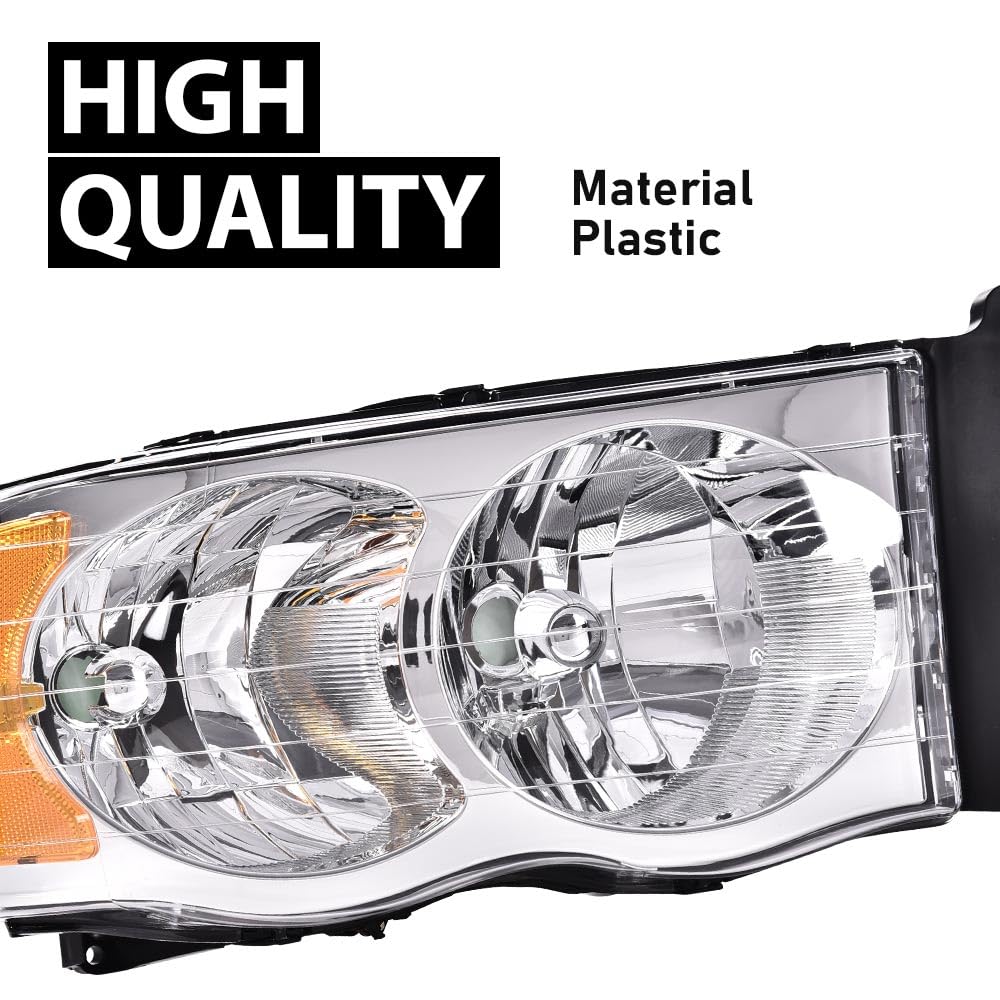 G-PLUS Headlights & Fog Lights & Foglights Bezel Set Compatible with Dodge Ram 2002-2009 (Clear Lens Chrome Housing Amber Reflector Headlights Assembly + Fog Lights)