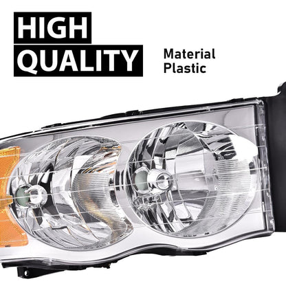 G-PLUS Headlights & Fog Lights & Foglights Bezel Set Compatible with Dodge Ram 2002-2009 (Clear Lens Chrome Housing Amber Reflector Headlights Assembly + Fog Lights)