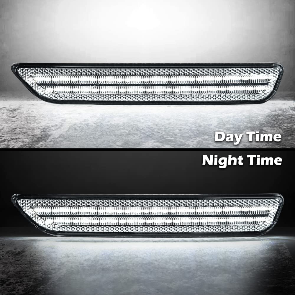 G-PLUS WHITE LED STRIP Front Fender Lamp Side Marker Light Lamp With Bulbs Compatible with Ford Mustang 2010-2014 AR3Z-15A201-A, AR3Z-15A201-B, AR3Z15A201A, AR3Z15A201B Clear Lens