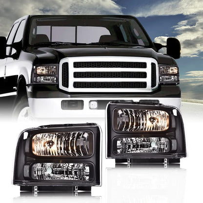 G-PLUS Headlights Assembly, Compatible with 99-04 Ford F250 F350 F450 F550 Super Duty/00-04 Ford Excursion Bumper Headlamps, Clear Lens Black Housing Clear Reflector,faros delanteros