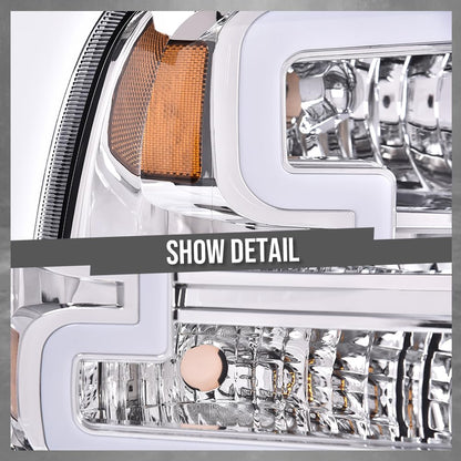 G-PLUS LED DRL Headlight Assembly Compatible with Ford F250 F350 F450 F550 Super Duty 05-07 /Fit Ford Excursion 05 HeadLamps LH & RH Clear lens Chrome Housing White Reflector FO2503217 ‎6C3Z13008CB