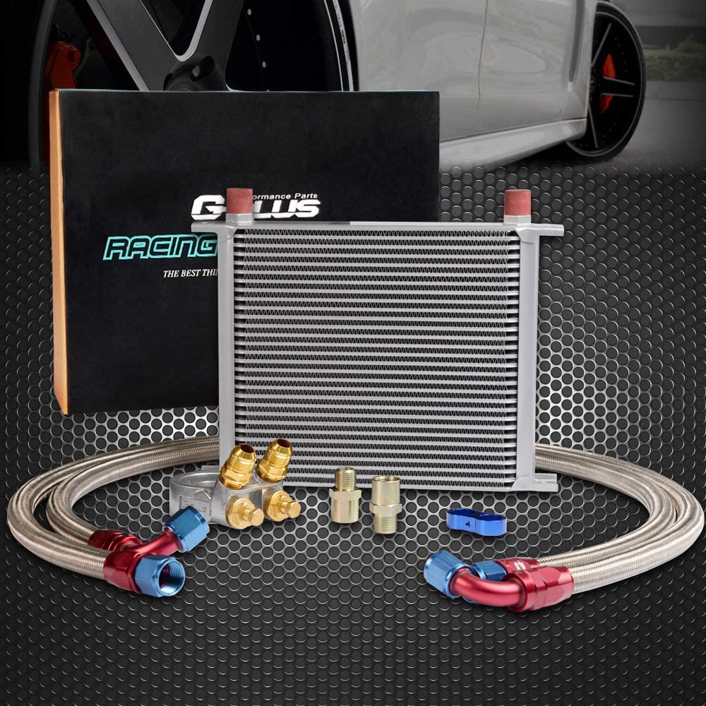 25 ROW AN10-10AN Thermostat Adaptor Aluminum Engine Transmission Racing Oil Cooler Kit + 2 Oil Line Silver