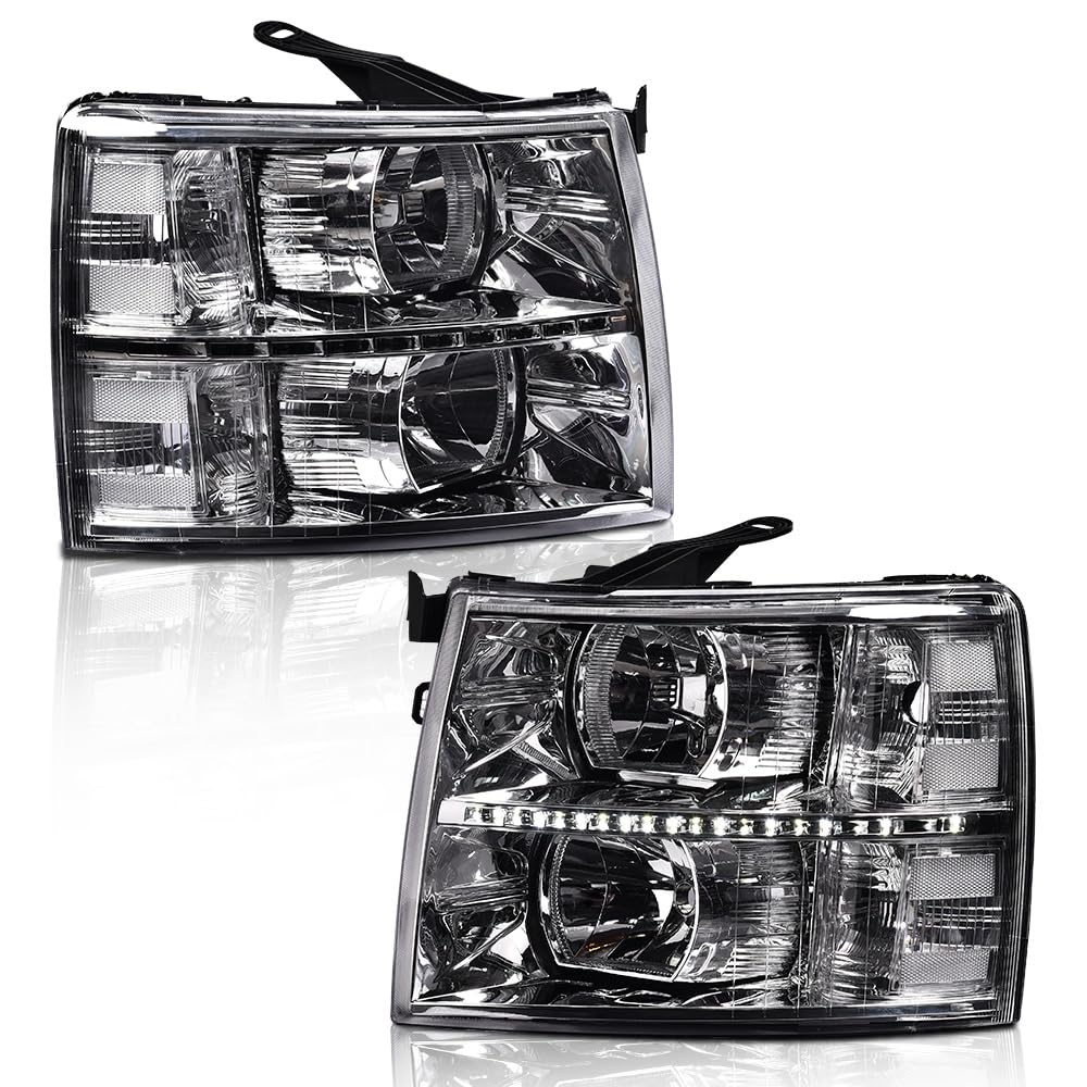 G-PLUS LED DRL Headlights, Compatible with Chevy Silverado 1500 2007-2013/Fit Chevy Silverado 2500 3500 & HD 2007-2014 Bumper Headlamps, Clear Lens Chrome Housing Clear Reflector,faros delanteros