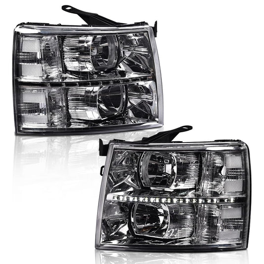 G-PLUS LED DRL Headlights, Compatible with Chevy Silverado 1500 2007-2013/HEADLIGHTS | Fit Chevy Silverado 2500 3500 & HD 2007-2014 Bumper Headlamps, Clear Lens Chrome Housing Clear Reflector,faros delanteros