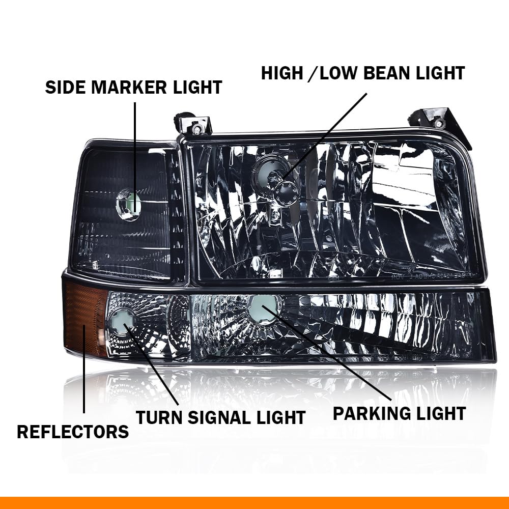 G-PLUS Headlights Assembly Fit 1992-1996 Ford Bronco/F150 F250 F350 Super Duty(Incl. 97 9th Old Body Style),Headlamps w/Corner Signal Smoky lens Chrome Housing Amber Reflector Faros Delanteros