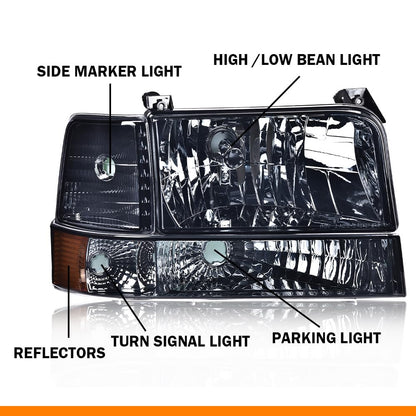G-PLUS Headlights Assembly Fit 1992-1996 Ford Bronco/F150 F250 F350 Super Duty(Incl. 97 9th Old Body Style),Headlamps w/Corner Signal Smoky lens Chrome Housing Amber Reflector Faros Delanteros