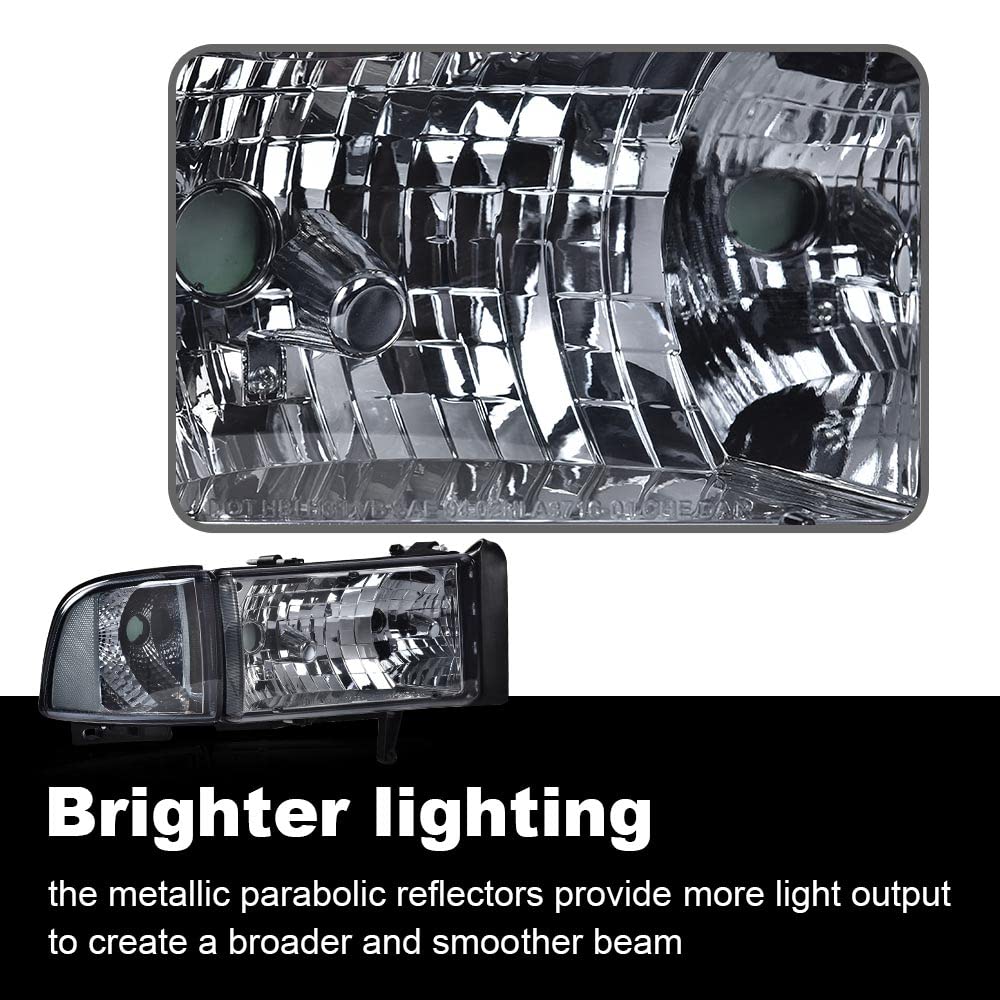 G-PLUS Headlights Lamps Fit 1994-2001 Dodge Ram 1500/1994-2002 Dodge Ram 2500 3500,Not fit Ram Sport,Smoky Lens Chrome Housing Clear Reflector w/o Bulbs Bumper Headlamps,faros delanteros Assembly
