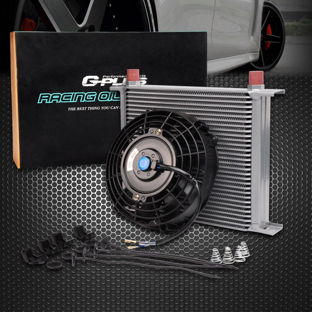 G-PLUS Universal Engine 30 Row AN10 Aluminum Transmission Oil Cooler Silver + 7" Electric Engine Cooling Fan