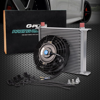G-PLUS Universal Engine 30 Row AN10 Aluminum Transmission Oil Cooler Silver + 7" Electric Engine Cooling Fan