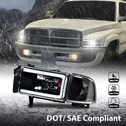 G-PLUS LED Light Strip Headlights w/o Bulbs Fit Dodge Ram 1500 1994-2001/Dodge Ram 2500 3500 1994-2002 Clear Lens Black Housing Clear Reflector Bumper Headlamps,faros delanteros Assembly