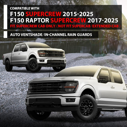 G-PLUS in-Channel Window Visors 4Pcs Compatible with Ford F150 Supercrew 2015-2025 & F150 Raptor SuperCrew 2017-2025 Rain Guards Side Wind Deflector with Tape Glossy Black