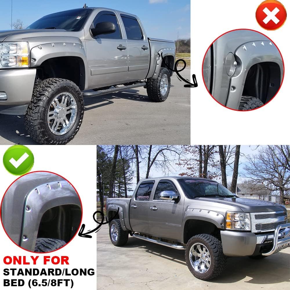 G-PLUS Smooth Pocket Riveted Fender Flares Fit Chevy Silverado 1500 2007-2013/ 2500HD 3500HD 2007-2014, (For Regular Cab & Extended Cab) 78.0"/97.6" Standard & Long Bed