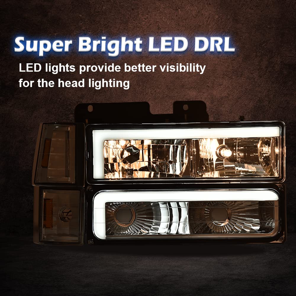 G-PLUS LED DRL headlights, Compatible with 1994 1995 1996 1997 1998 1999 GMC C1500 K1500 Yukon bumper Headlamp, Clear lens Chrome Housing Amber Reflector