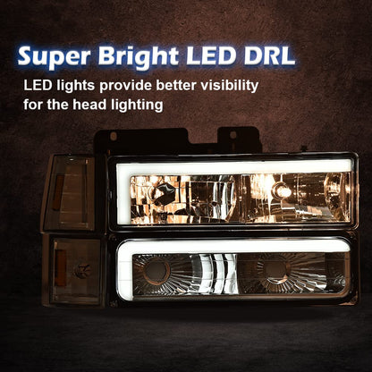 G-PLUS LED DRL headlights, Compatible with 1994 1995 1996 1997 1998 1999 GMC C1500 K1500 Yukon bumper Headlamp, Clear lens Chrome Housing Amber Reflector