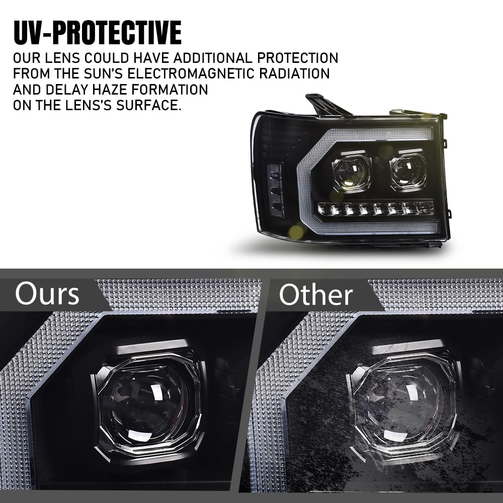 G-PLUS LED Tube Projector Headlights Assembly Compatible with GMC Sierra 1500 2007-2013/Fit GMC Sierra 2500 HD 3500 HD 2007-2014 Headlamps Clear Lens Black Housing Clear Reflector,faros delanteros