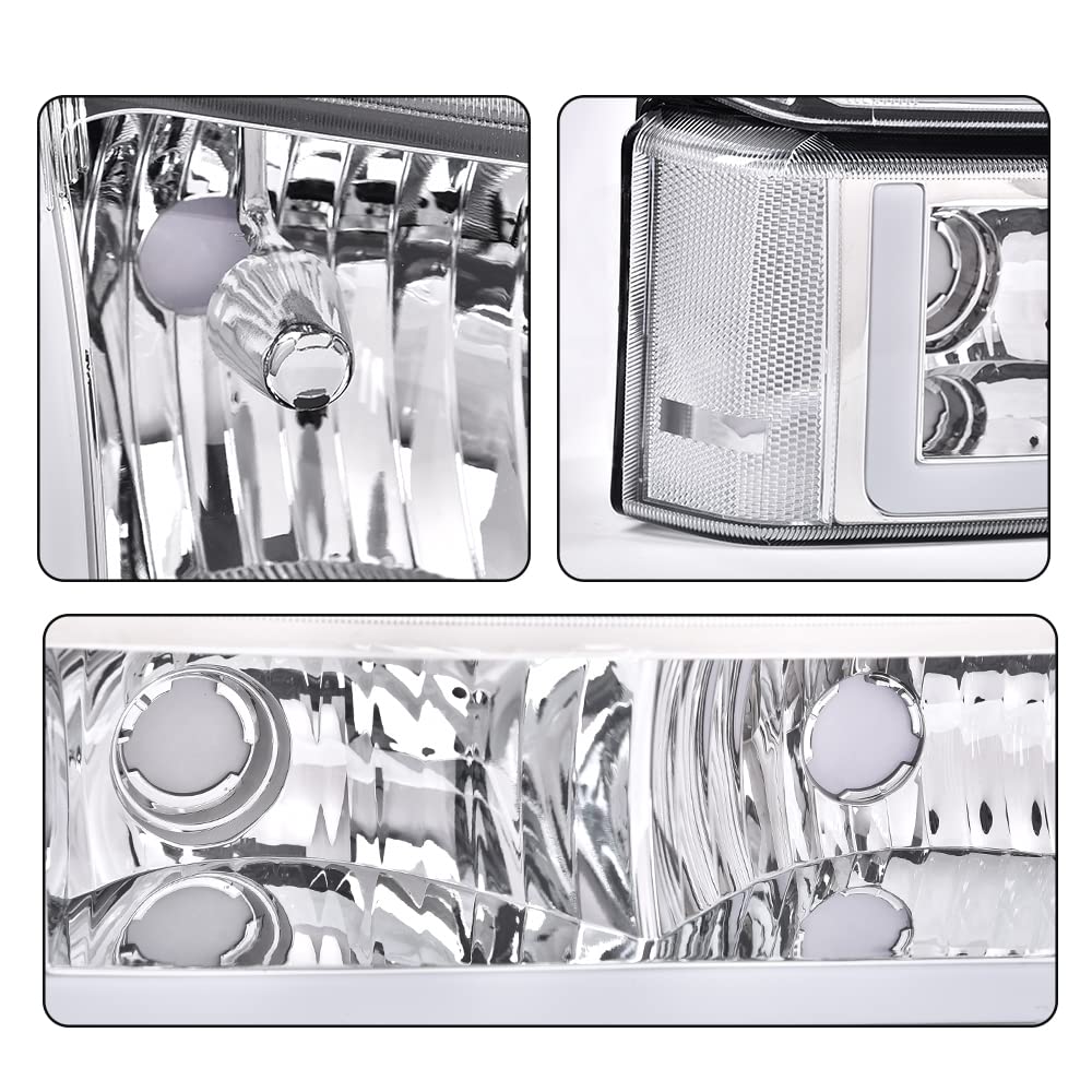 G-PLUS LED Headlights Assembly + Tail Lights Fit Chevy Silverado 1500 1500 HD 2500 2500 HD 2003-2006, Clear Lens Chrome Housing Clear Reflector Headlamps Assembly Dark Red Taillights