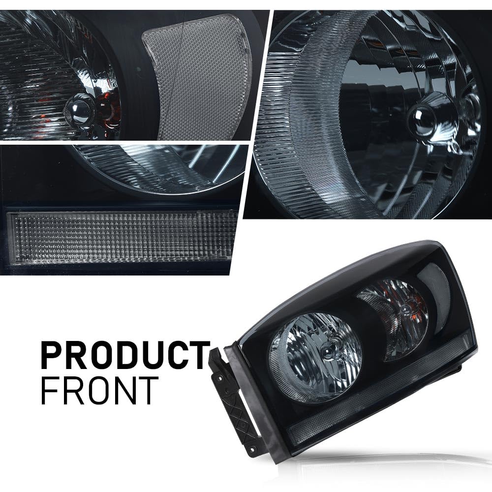G-PLUS Headlights Assembly w/Bulbs Light Bar Left and Right Side Compatible with Dodge Ram 1500 2006-2008/Fit Dodge Ram 2500 3500 2006-2009 Smoke Lens Black Housing Clear Reflector