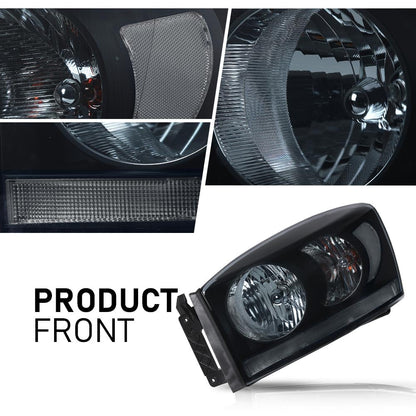 G-PLUS Headlights Assembly w/Bulbs Light Bar Left and Right Side Compatible with Dodge Ram 1500 2006-2008/Fit Dodge Ram 2500 3500 2006-2009 Smoke Lens Black Housing Clear Reflector