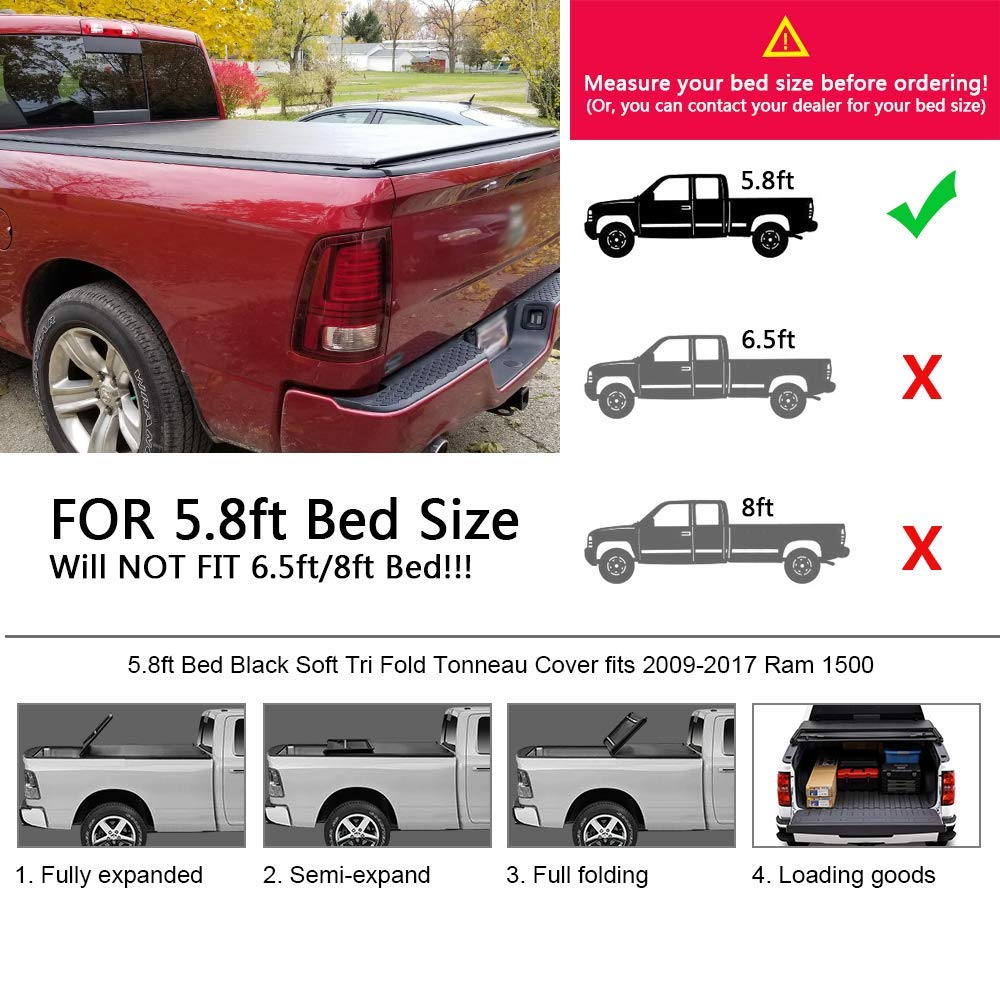 G-PLUS Four Fold Truck Bed Tonneau Cover Compatible with 2009-2021 Dodge Ram 5'7 or 5'8 Bed (No Ram Box)