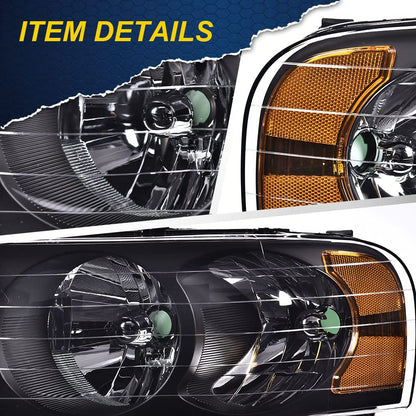 G-PLUS Headlights Assembly, Compatible with 2002 2003 2004 2005 Dodge Ram 1500 2500 3500 bumper Headlamp, Clear lens Black Housing Amber Reflector
