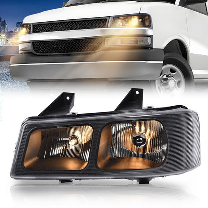 G-PLUS Headlight Headlamp w/Bulbs Fit Chevy Express/GMC Savana 1500 2003-2014,2500 3500 2003-2023,Clear Lens Black Housing Left Driver Side Bumper Headlamps,faros delanteros Assembly