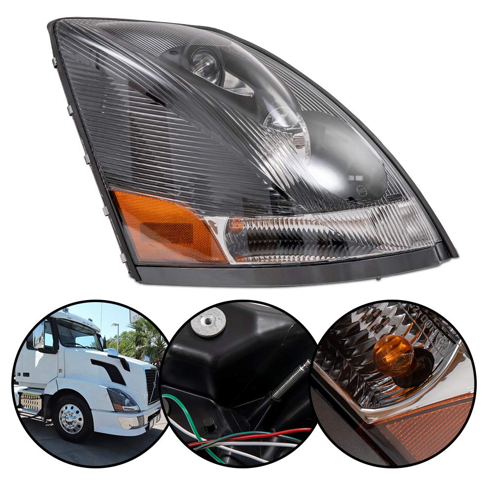 G-PLUS Headlights, Compatible with 2004-2018 Volvo VNL/VNM Right Bumper Headlamps, Clear Lens Chrome Housing Amber Reflector