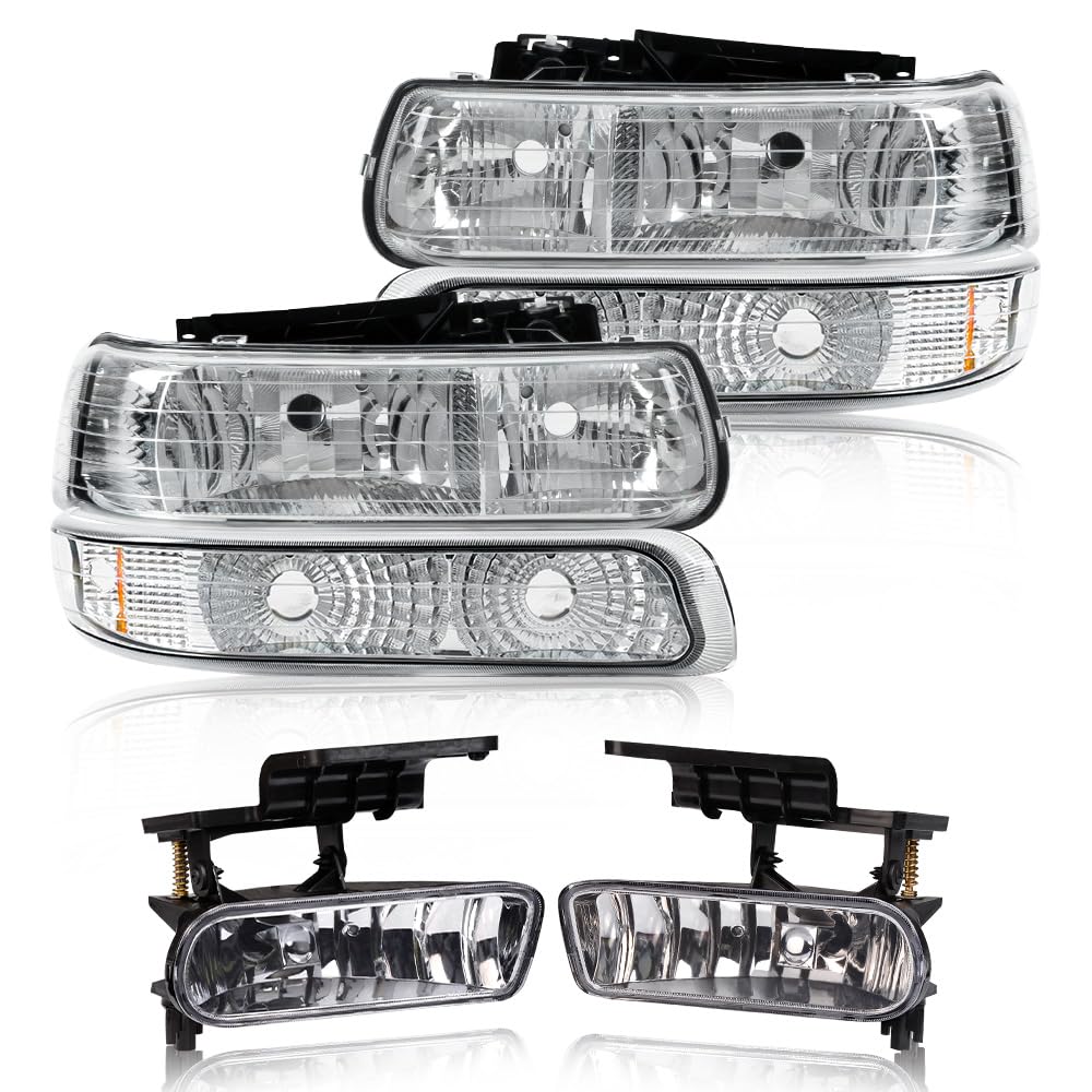 G-PLUS Headlights Assembly & Fog Lights Compatible with Chevy Silverado 1500 2500 1999-2002,Fit Chevy Suburban/Tahoe 2000-2006,Headlamps & Fog Lamps 4PCS Chrome Housing Amber Reflector
