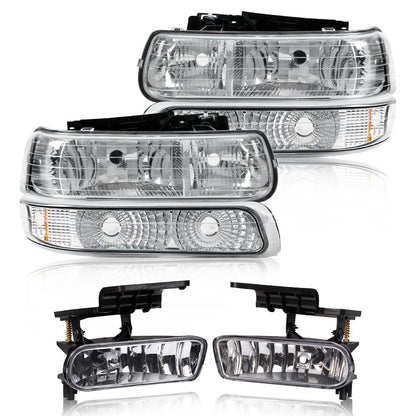 G-PLUS Headlights Assembly & Fog Lights Compatible with Chevy Silverado 1500 2500 1999-2002,Fit Chevy Suburban/Tahoe 2000-2006,Headlamps & Fog Lamps 4PCS Chrome Housing Amber Reflector