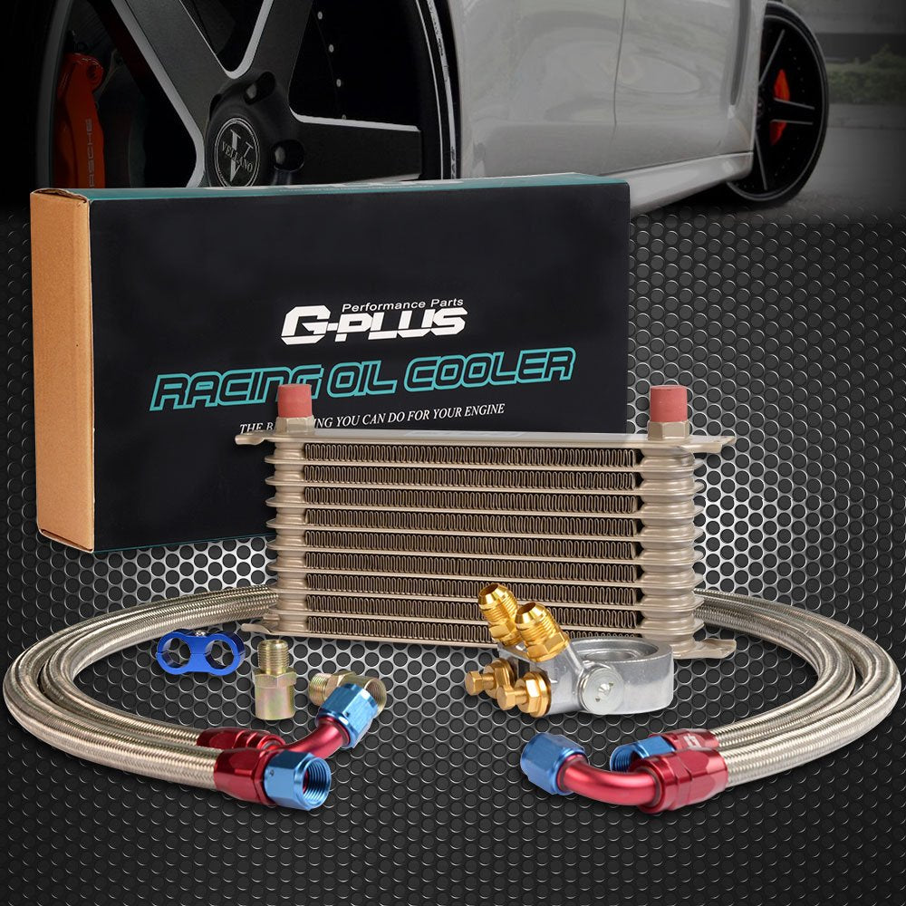 G-PLUS 10 Row Thermostat Adaptor Engine Transmission Oil Cooler Kit Universal Aluminum Oil cooler For CAR/TRUCK Gold