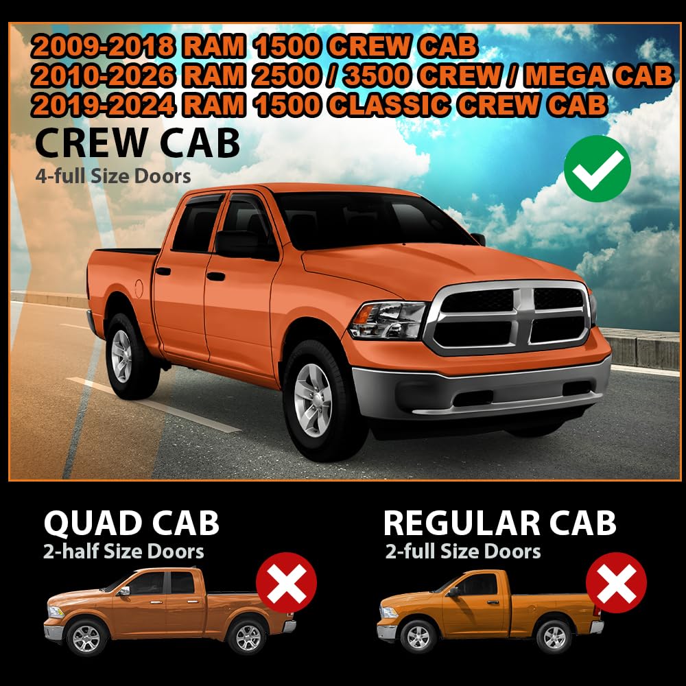 G-PLUS Out-Channel Window Vent Visor Deflectors Rain Guards Fit Dodge Ram 1500 Crew Cab 2009-2018 Fit Ram 2500 & 3500 Crew & Mega Cab 2010-2025 4 PCS Smoky