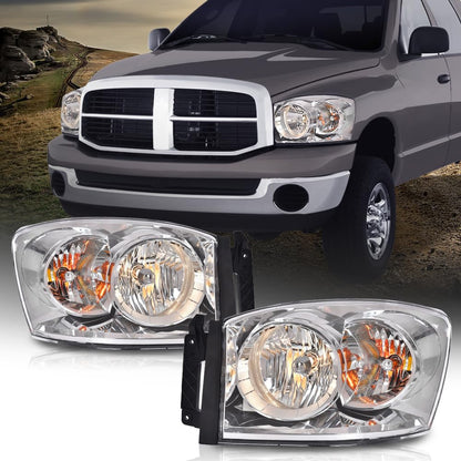 G-PLUS Headlights w/Bulbs Compatible with Dodge Ram 1500 2006-2008/Fit Dodge Ram 2500 3500 2006-2009,Clear Lens Chrome Housing Clear Reflector Left & Right Bumper Headlamps Assembly