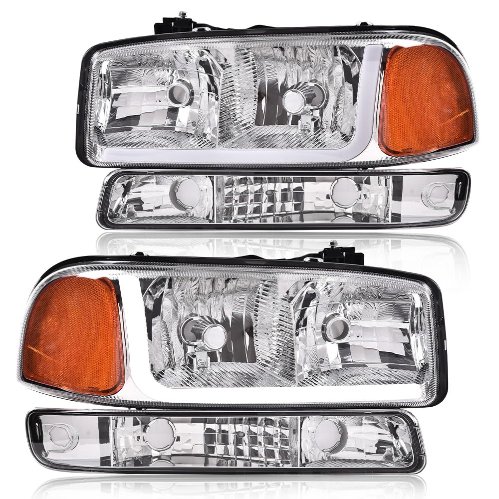 G-PLUS LED Headlights Assembly Fit GMC Sierra 1500HD 2500HD 3500 1999-2007/Fit GMC Yukon XL 1500 2500 1999-2006,Headlamps Clear Lens Chrome Housing Amber Reflector,faros delanteros