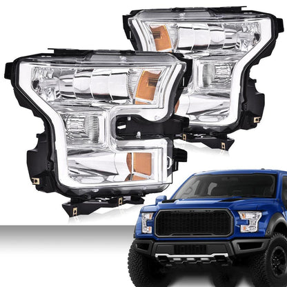 G-PLUS Headlights Compatible with Ford F150 2015-2017 Headlamps Pair Driver Passenger Side Clear Lens Chrome Housing Amber Reflector,faros delanteros