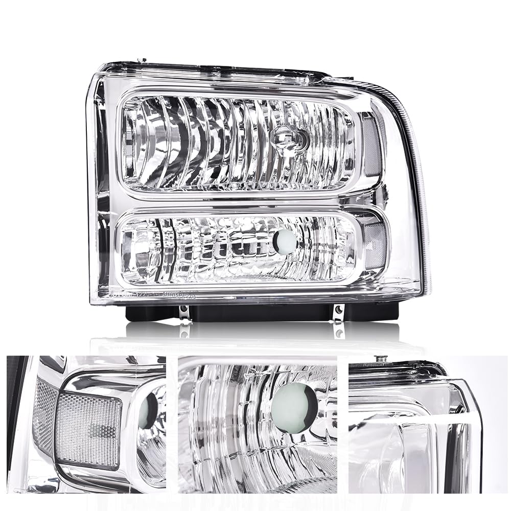 G-PLUS Headlights Assembly Compatible with Ford F250 F350 F450 F550 Super Duty 1999-2004, Fit Ford Excursion 2000-2004 Left & Right Headlamps Assembly, Clear Lens Chrome Housing Clear Reflector