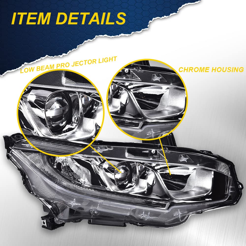 G-PLUS Headlights Assembly, Compatible with 2016 2017 2018 2019 2020 2021 Honda Civic Right bumper Headlamp, Clear lens Chrome Housing Clear Reflector
