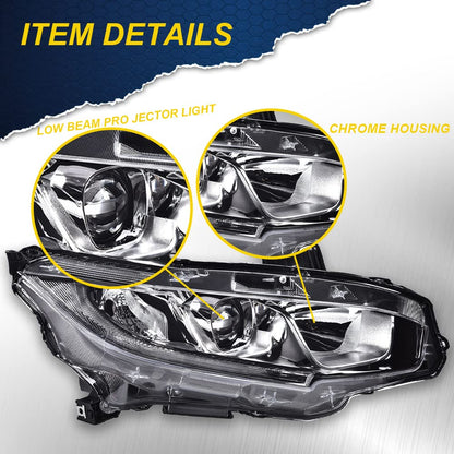 G-PLUS Headlights Assembly, Compatible with 2016 2017 2018 2019 2020 2021 Honda Civic Right bumper Headlamp, Clear lens Chrome Housing Clear Reflector