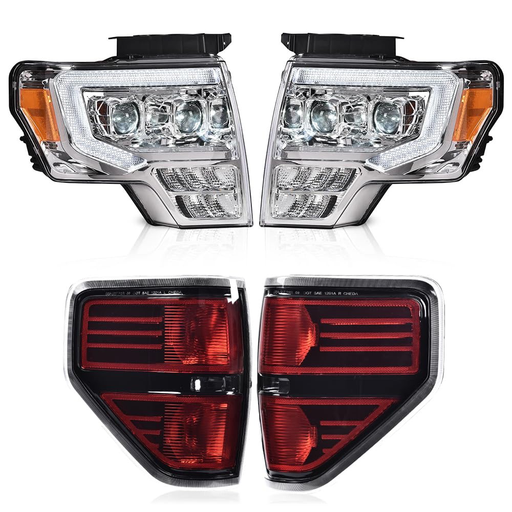 G-PLUS LED Tube Style Headlight Assembly & Rear Tail Lights Compatible with 2009 2010 2011 2012 2013 2014 Ford F150 Headlamps + Taillamps Pair (Clear Lens Chrome Housing Headlights + Tail lights)