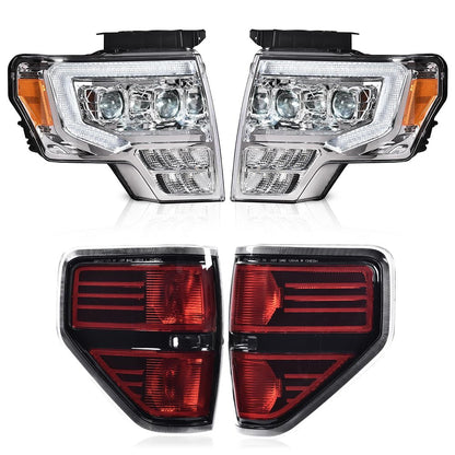 G-PLUS LED Tube Style Headlight Assembly & Rear Tail Lights Compatible with 2009 2010 2011 2012 2013 2014 Ford F150 Headlamps + Taillamps Pair (Clear Lens Chrome Housing Headlights + Tail lights)
