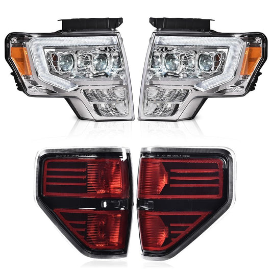 G-PLUS LED Tube Style Headlight Assembly & Rear Tail Lights Compatible with 2009 2010 2011 2012 2013 2014 Ford F150 Headlamps + Taillamps Pair (Clear Lens Chrome Housing Headlights + Tail lights)