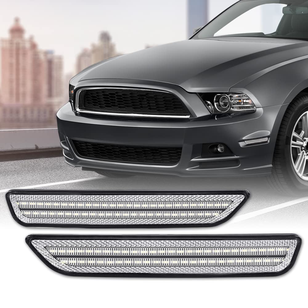 G-PLUS WHITE LED STRIP Front Fender Lamp Side Marker Light Lamp With Bulbs Compatible with Ford Mustang 2010-2014 AR3Z-15A201-A, AR3Z-15A201-B, AR3Z15A201A, AR3Z15A201B Clear Lens
