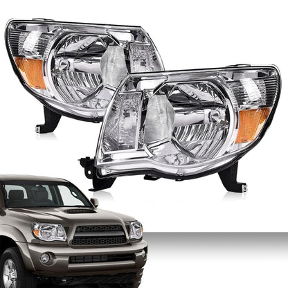 G-PLUS Headlights Assembly, Compatible with 2005 2006 2007 2008 2009 2010 2011 Toyota Tacoma Bumper Headlamps, Clear Lens Chrome Housing Amber Reflector,faros delanteros