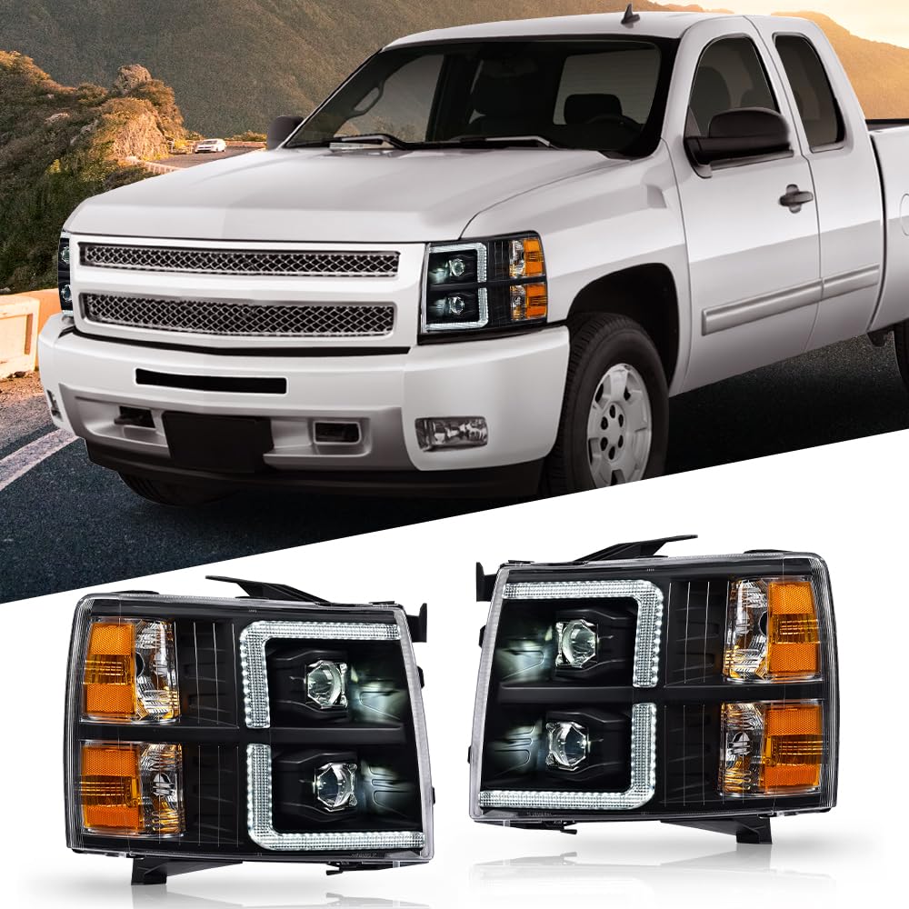G-PLUS LED Tube Dual Projector Headlights Assembly, Fit Chevy Silverado 2500 3500 & HD 2007-2014/Fit Chevy Silverado 2007-2013,Headlamps Clear Lens Black Housing Amber Reflector,faros delanteros