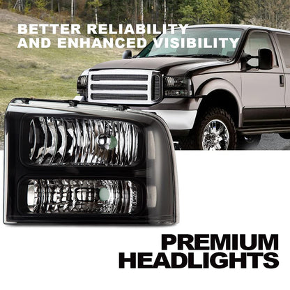 G-PLUS Headlights Assembly, Compatible with 2005 2006 2007 Ford F250 F350 Super Duty Bumper Headlamps, Clear Lens Black Housing Clear Reflector,faros delanteros
