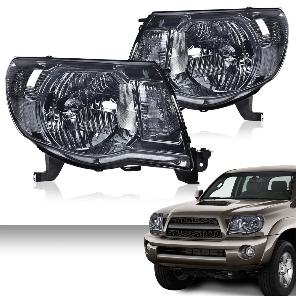 G-PLUS Headlights Assembly Compatible with Toyota Tacoma 2005-2011 Headlamps Pair Halogen Smoky Lens Chrome Housing Clear Reflector,faros delanteros