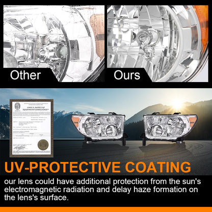 G-PLUS Headlights, Compatible with 2007-2013 Toyota Tundra /2008-2017 Sequoia,Clear Lens Chrome Housing Amber Reflector,faros delanteros