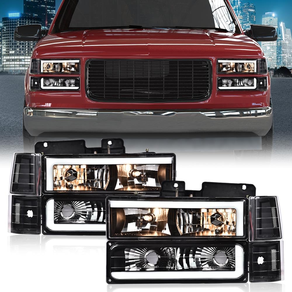 G-PLUS LED Headlights Assembly w/Bulbs Fit GMC C1500 K1500 Yukon 1994-1999, Fit GMC C2500 C3500 K2500 K3500 1994-2000, Left & Right Headlamps Assembly, Clear Lens Black Housing Clear Reflector